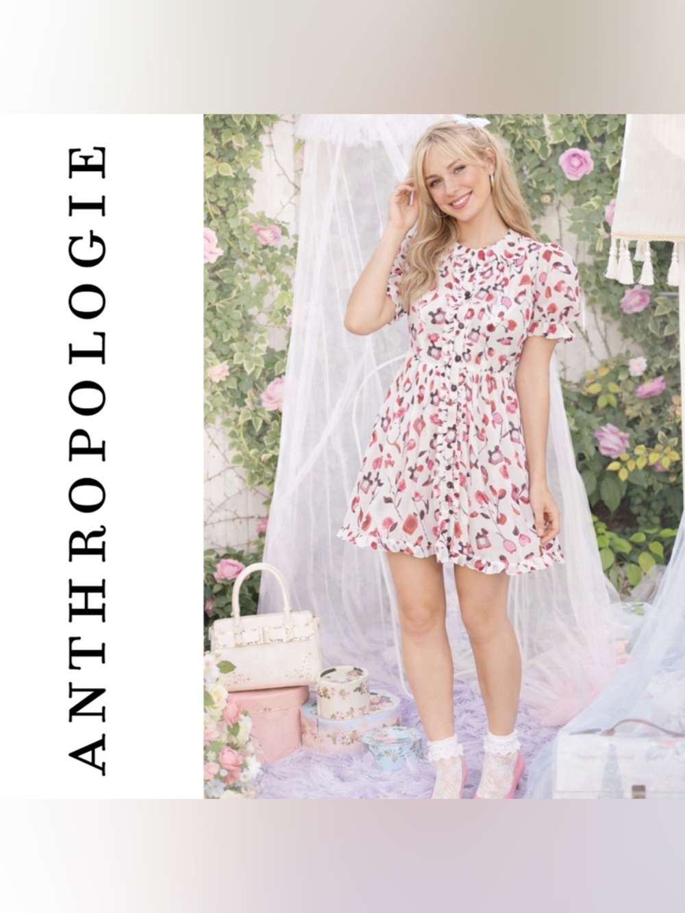 Anthropologie Anisa Makhoul x Maeve Puff-Sleeve Collared Mini Dress, Medium, EUC